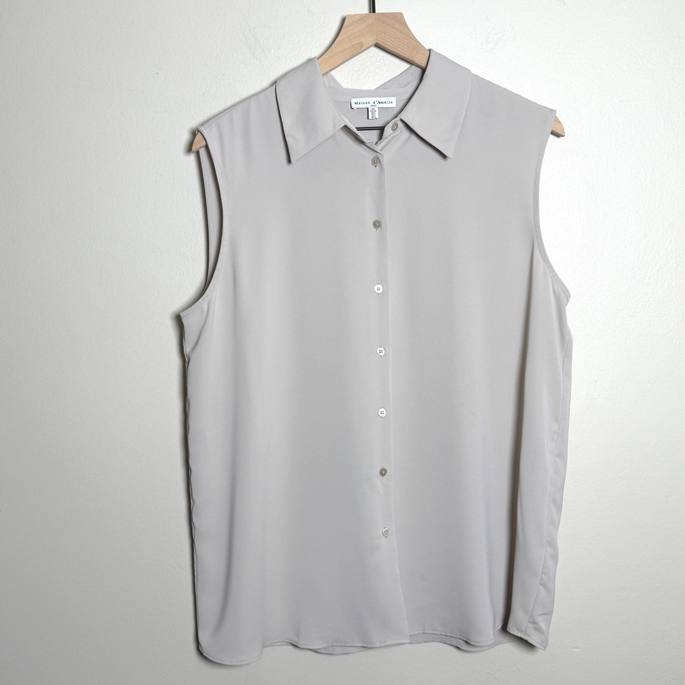 Maison d'Amélie Womens Top Large Grey Sleeveless Button Down Minimalist Office‎